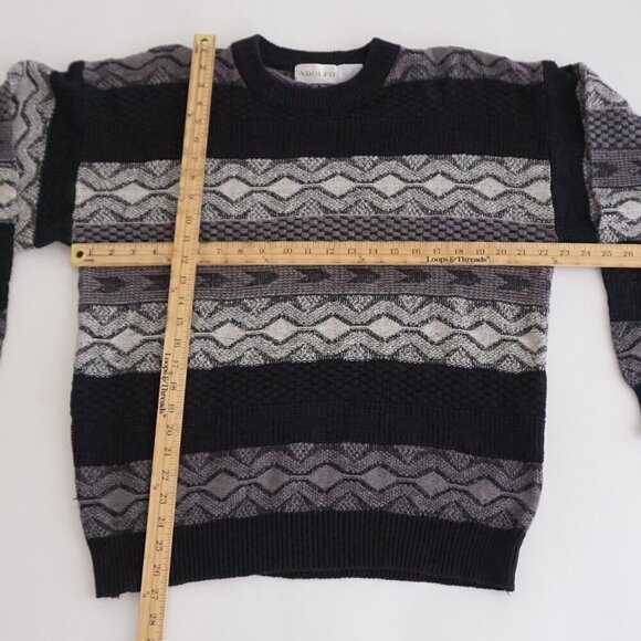 Vintage '80S Adolfo Black Gray 3D Biggie Cosby 100% Cotton Crew Neck Sweater L - Picture 3 of 9